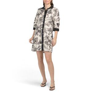 SPIGHE DI LINO Italy Linen Blend Elbow Sleeve Toile Print Mini Shirt Dress